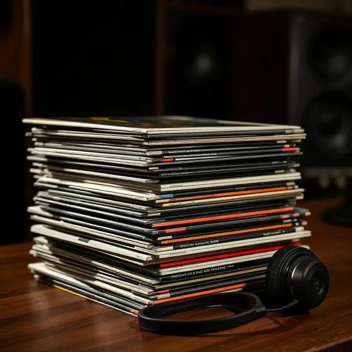 Music Album Singer — Original Albums & Studio Recordings Stack of music albums and vinyl records with studio headphones on a wooden desk