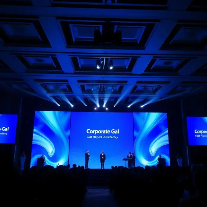 Corporate Event Singer — Brand Launches, Annual Days & Galas Corporate gala main stage with blue LED backdrop and formal audience