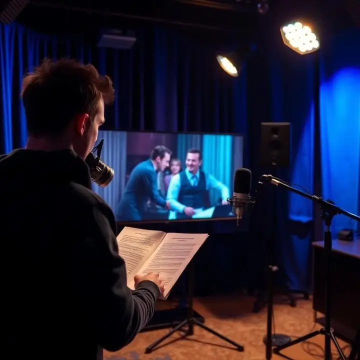 Voice Dubbing Artist — Films, OTT Series & Animation Voice dubbing artist reading script in front of film playback screen