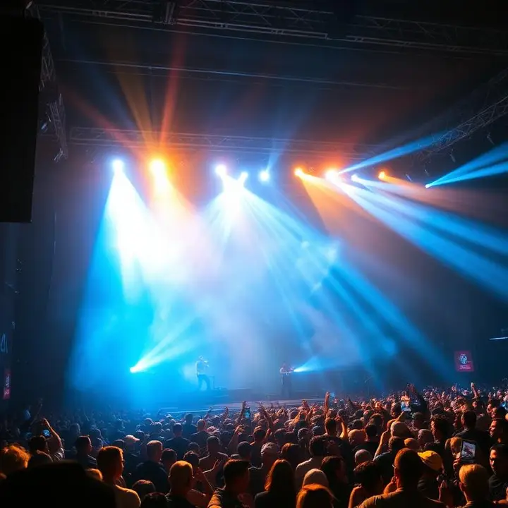 Live Stage Show Performer — High-Energy Concerts Across India High-energy live concert crowd lit by blue and amber spotlights