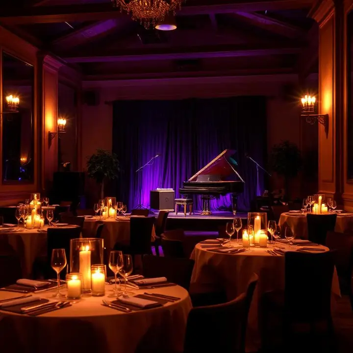Musical Night Performer — Curated Evening Concert Experiences Elegant candlelit musical night venue with grand piano on a small stage