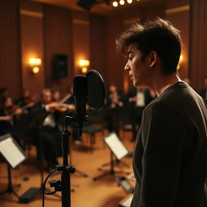 Film Playback Singer — Multi-Language Film & OTT Vocals Playback singer recording film vocals in a studio with live orchestra