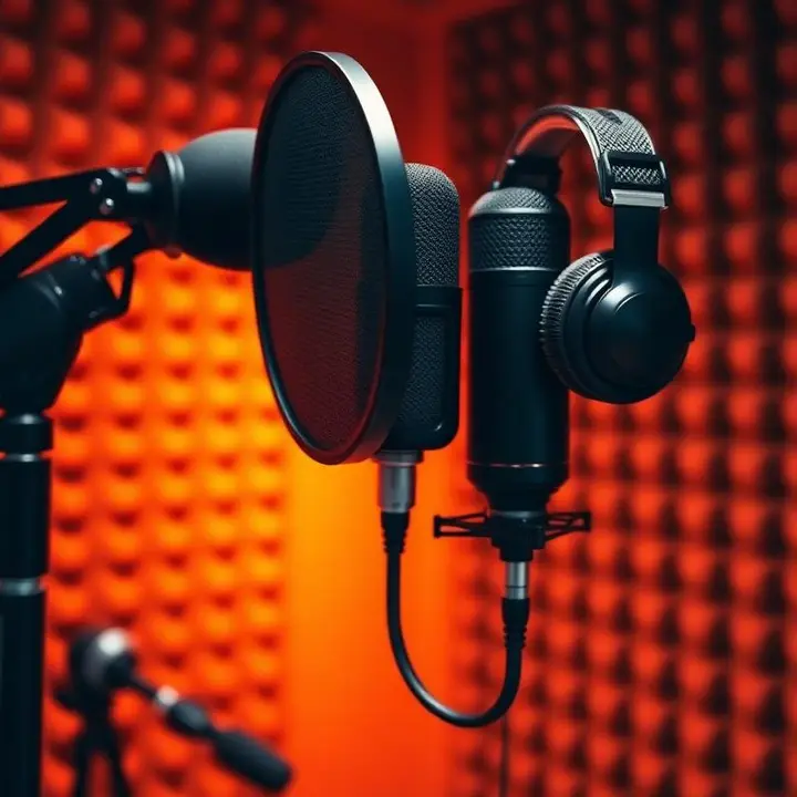 Professional Voice Over Artist — Ads, Films, Promos & Corporate Professional studio condenser microphone with pop filter and headphones for voice over recording